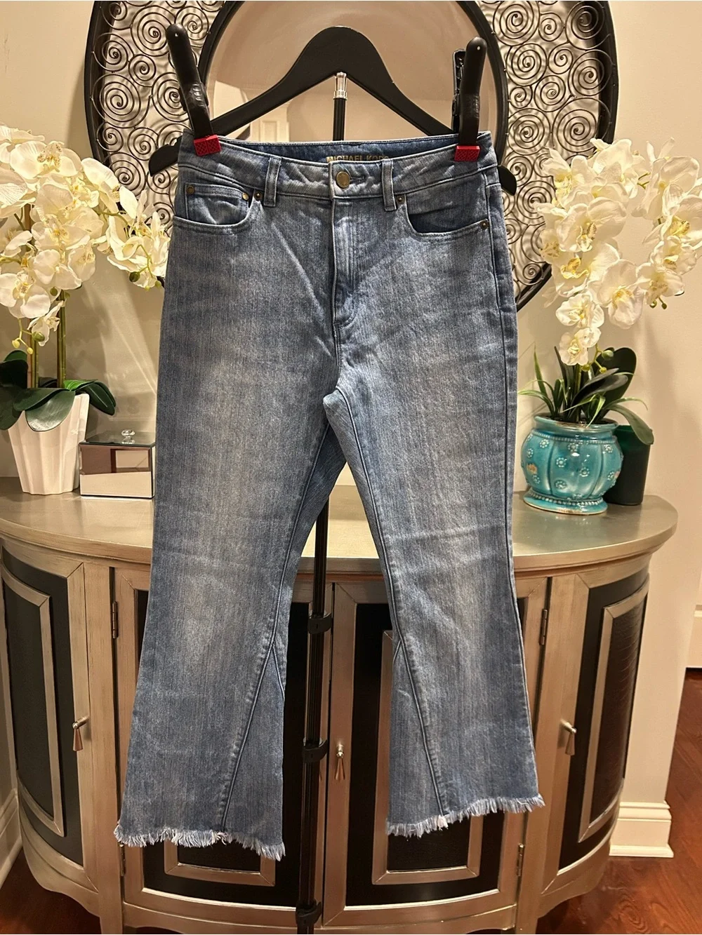 Michael Kors Light Blue Cropped Straight Jeans with Raw Hem